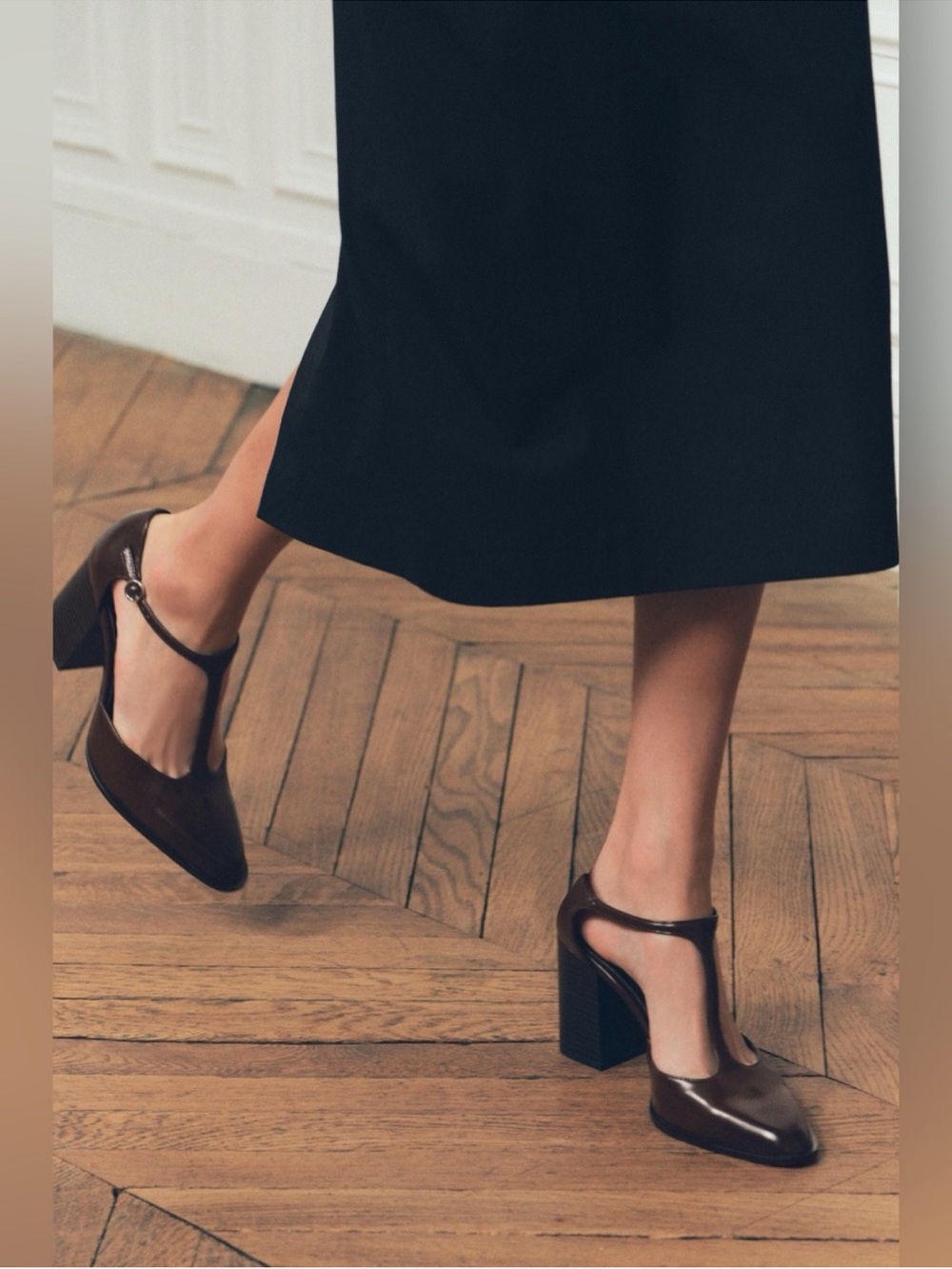 Zara Brown Leather Classic T-Strap Block Heel Pumps